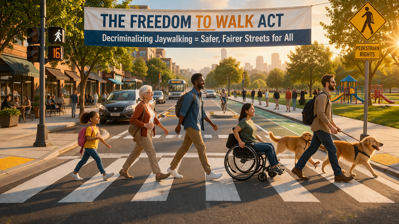 Diverse pedestrians safely crossing a city street highlighting the Freedom to Walk Act and pedestrian rights